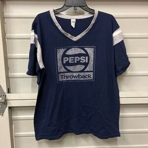 Pepsi Throwback V Neck T Shirt Navy Blue Gray Stripe Short Sleeve Large